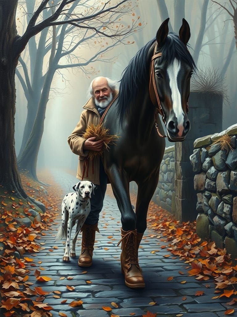 The horse with boots and the man without legs... thank goodness the dog doesn't seem to be deformed.  by @Bera