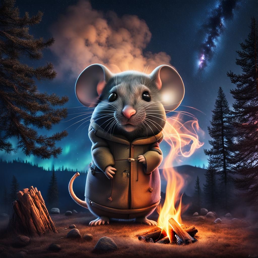 Photograph, Photo-realistic, hyperrealistic, Chibi mouse made of smoke ...