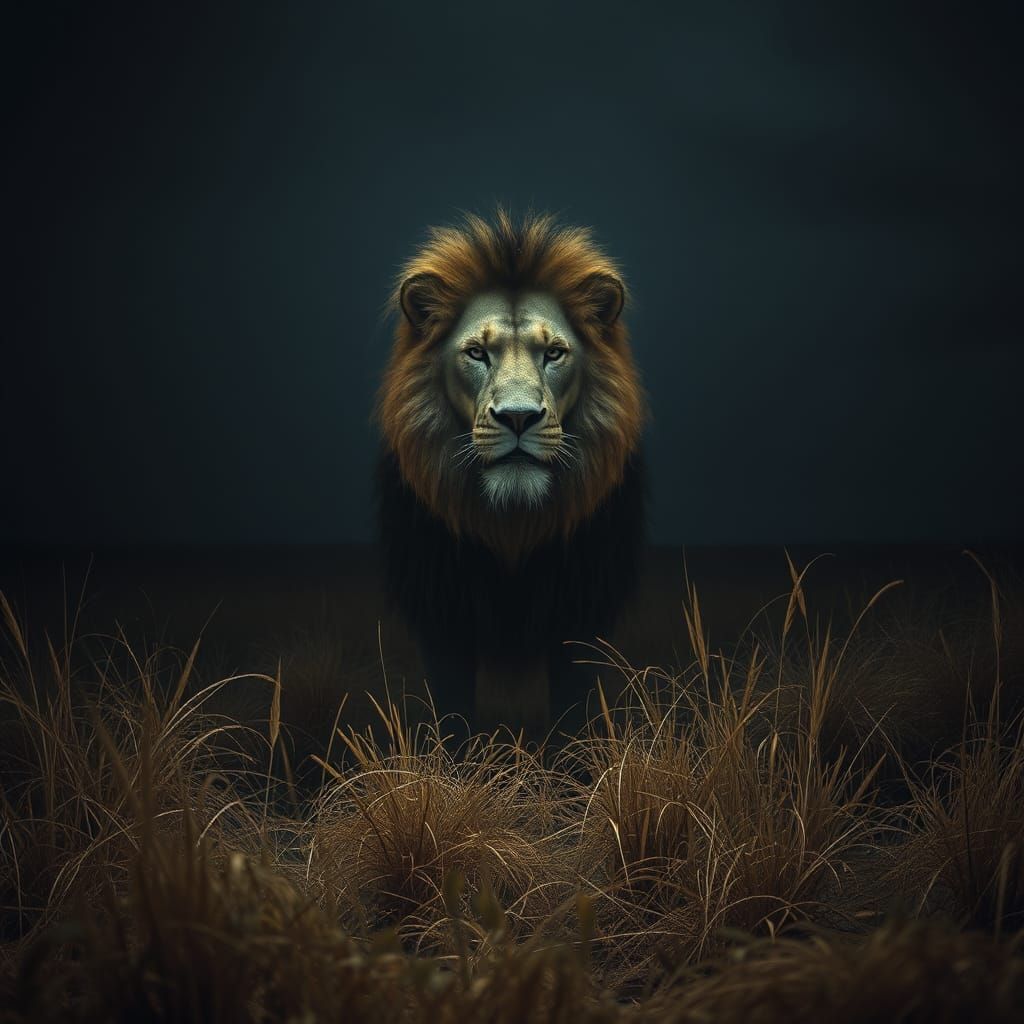 Eerily Lit Lion in Dystopian Savannah Landscape