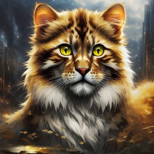 A golden furred kitten with amber eyes, thick fur like a lion, Thomas Kinkade , sharp focus, by Marc Simonetti & Yoji Shinkawa & WLOP , shar...