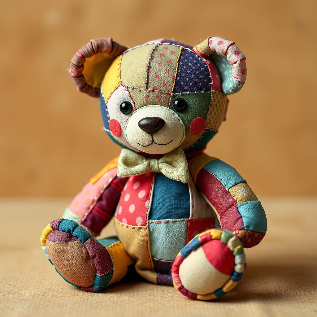 Whimsical Patchwork Teddy Bear in Folk Art Style