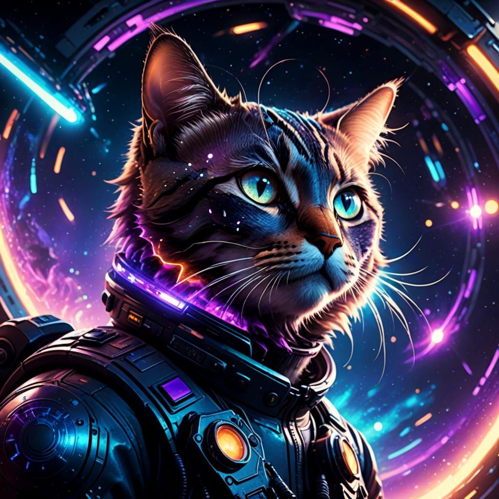 Cyberpunk Cat Soars Through the Galaxy in Vibrant, Cinematic...