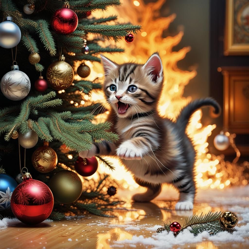 Adorable kitten attacking Christmas tree  by @nonaivo