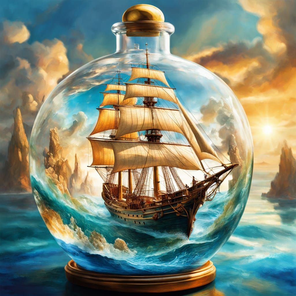 A highly detailed fantasy painting of a majestic sailing ship contained inside a transparent glass bottle lying on its side. The elongated g...