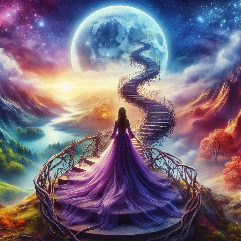 woman on a staircase to the moon.
