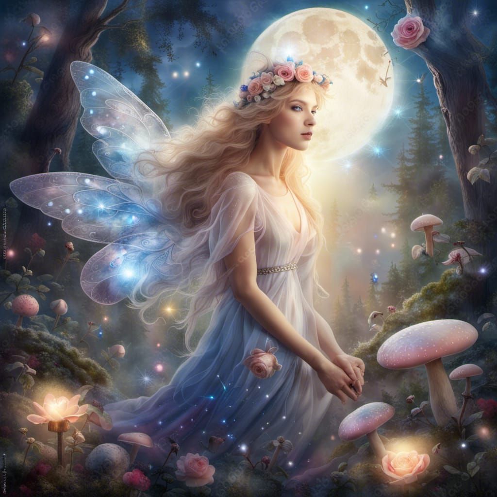 Fairy with gossamer wings, mushroom forest, big bright full ...