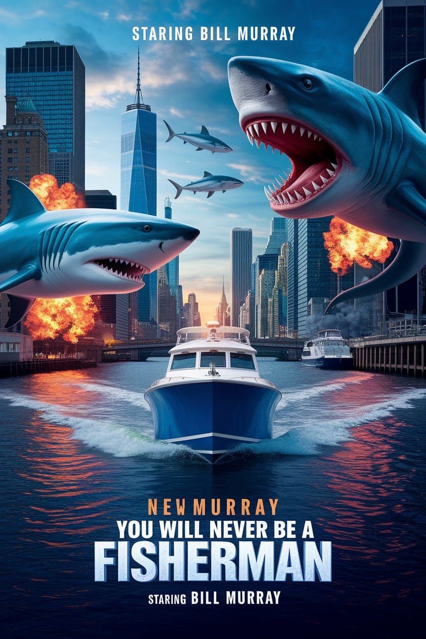 YOU WILL NEVER BE A FISHERMAN. 
create a dynamic strong movie poster of this title. Staring bill murray. 
Display a boat in a large river. H...