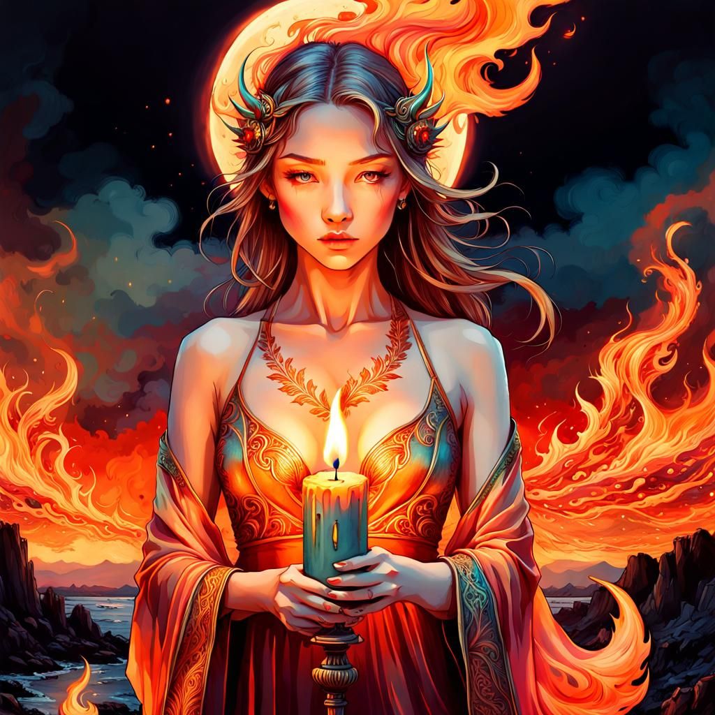 Chibified Candle Flame Inferno in Digital Watercolor