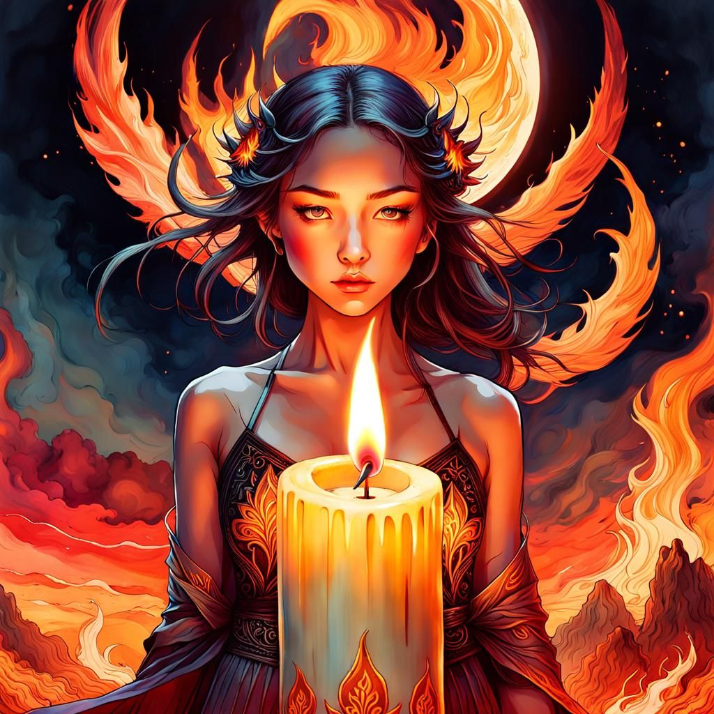 Chibified Candle Flame in a Fiery Landscape