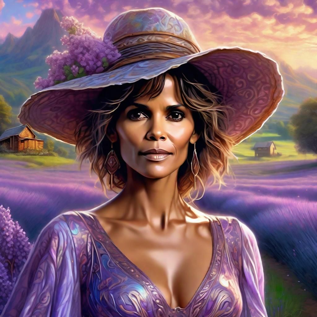 Halle Berry in a lilac printed sensual dress, Strawhat, Lave...