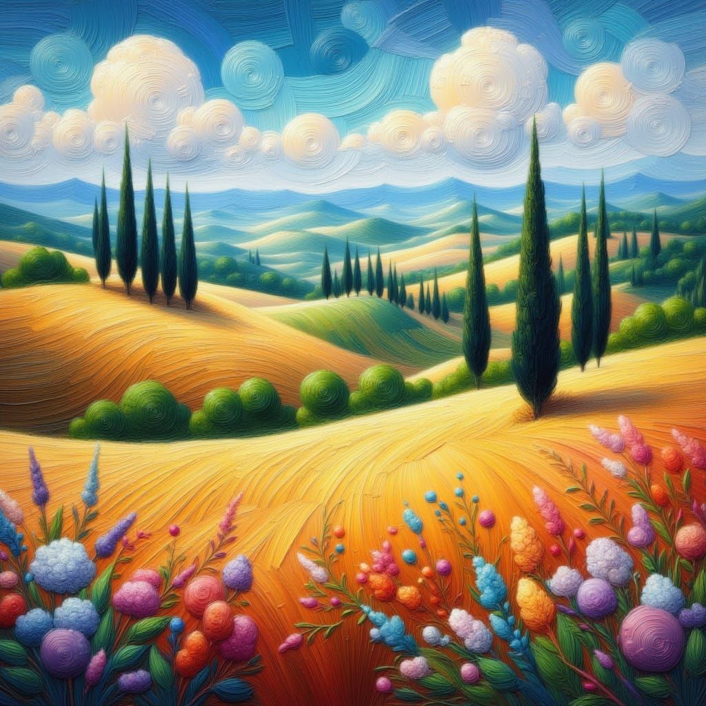 <lora:kak-ImpastoLush:1.0>deep impasto circle strokes scene of Tuscany
