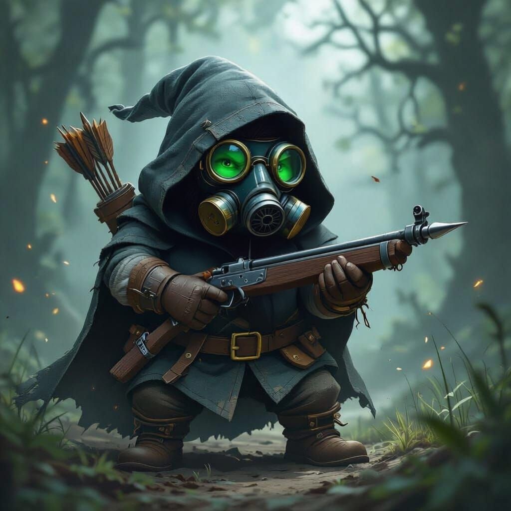 dnd gnome with gasmask, goggles, crossbow, shortsword, a hood and cloak
