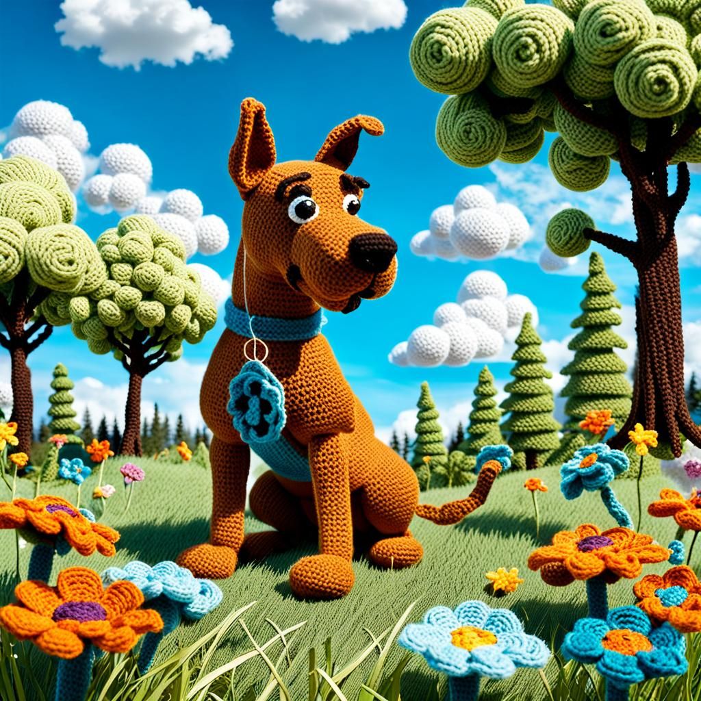 100% crochet, scooby-doo, outside with crocheted flowers, trees, grass ...