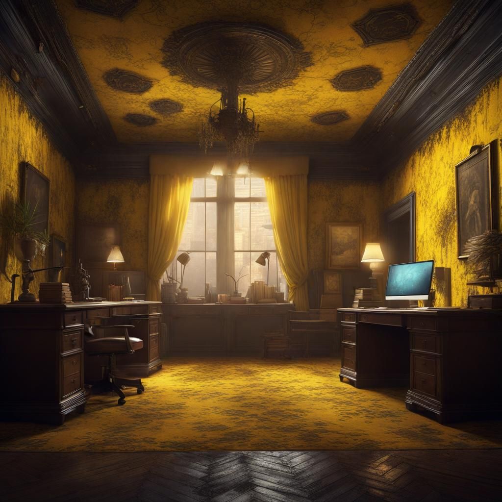 The backrooms. Yellow wallpaper, old moist carpets, old office ceiling