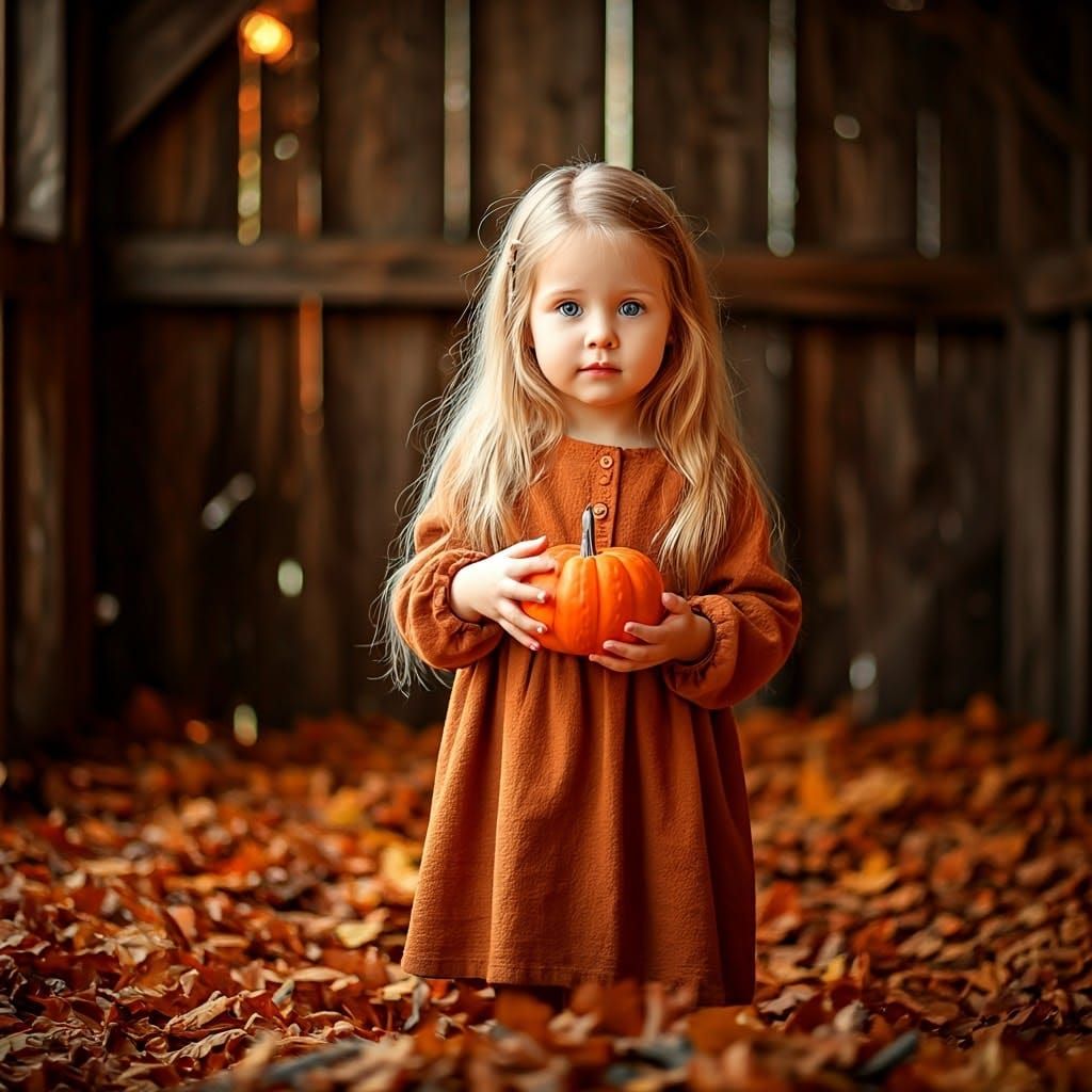 Whimsical Girl Surrounded by Golden Leaves in a Rustic Shed