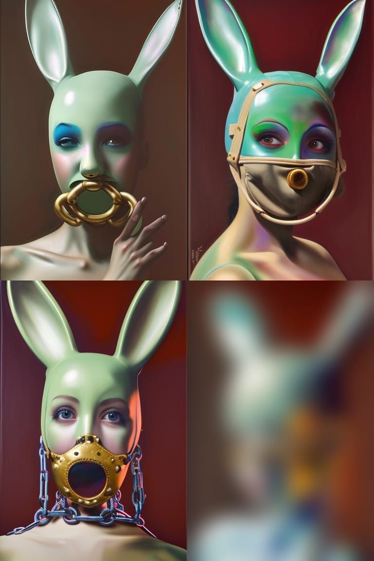 girl in latex bunny mask. beautiful face. ball gag, collar o...