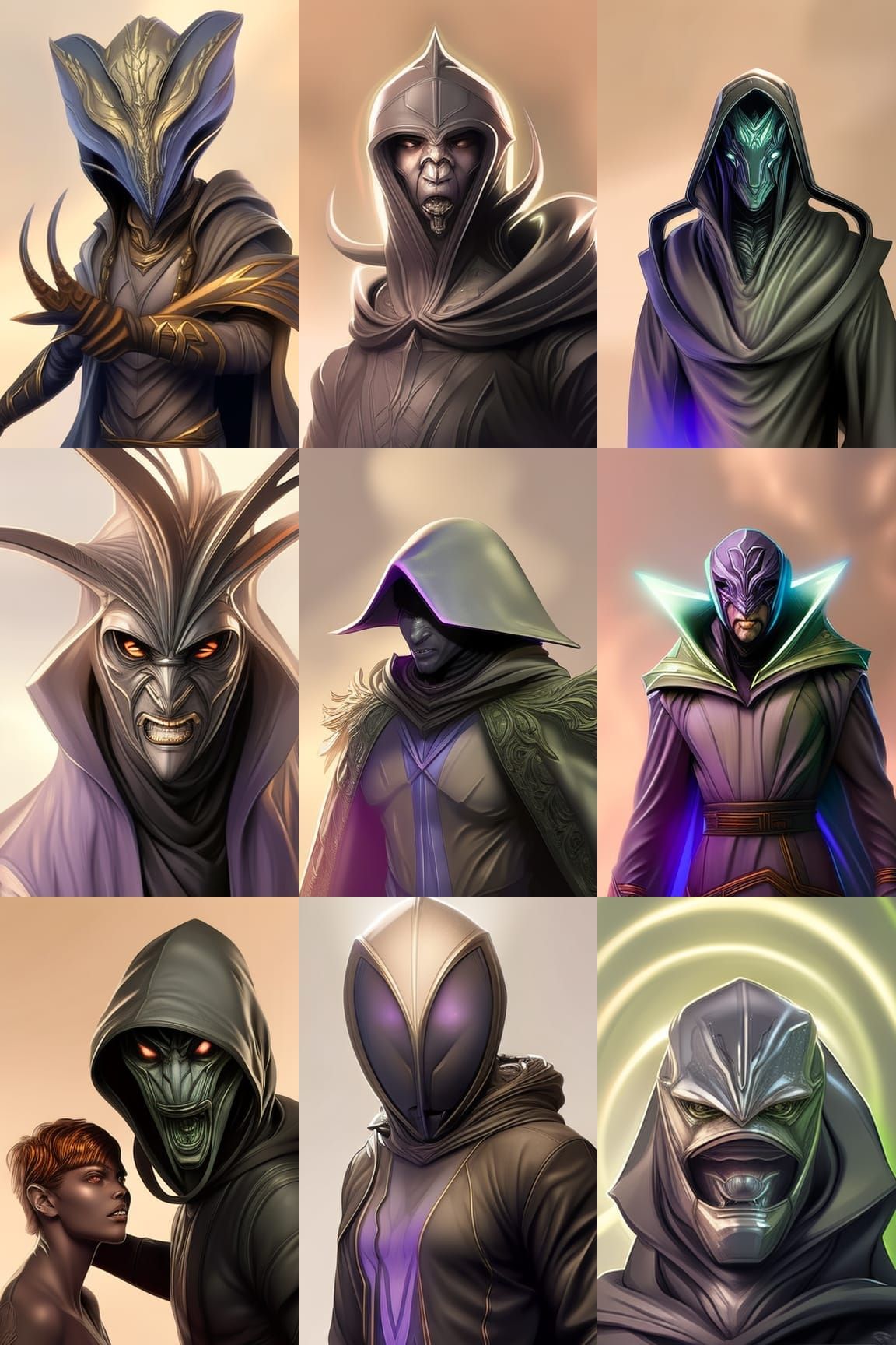 hooded alien creature made of glowing latex making a goofy f...