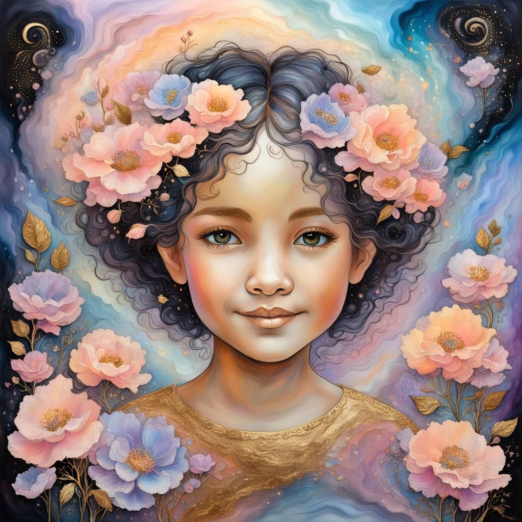 Mystical Child with Flowers in Nebulae Lighting