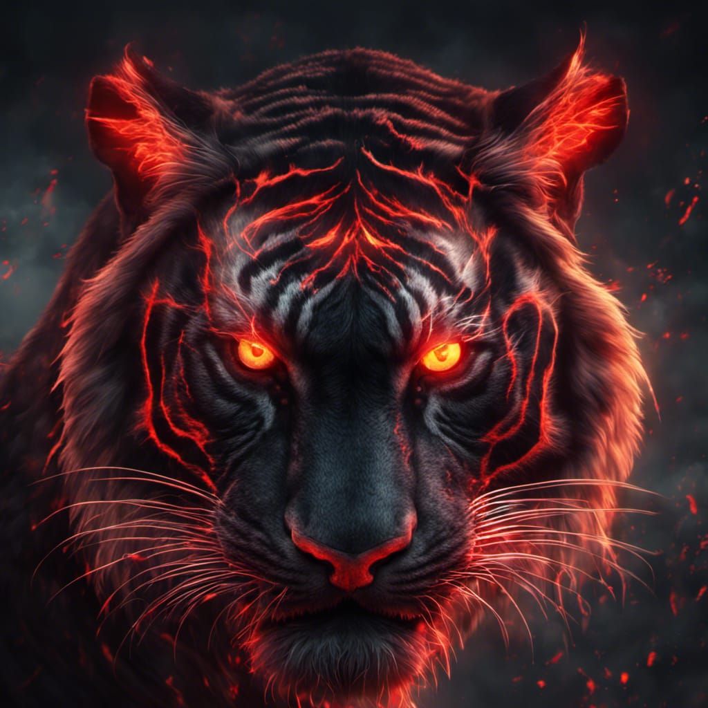 black tiger with fiery red eyes and demonic aura