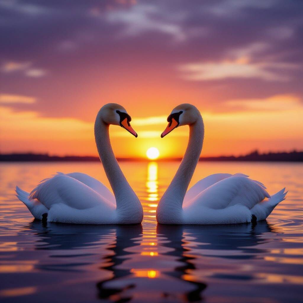 Two Swans Silhouette at Magical Sunset