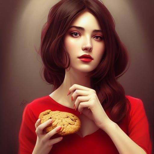 beautiful woman in red dress eating a cookie