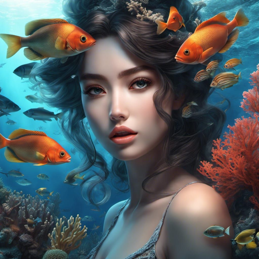 Beautiful girl underwater, with her friends. AI Generated Artwork