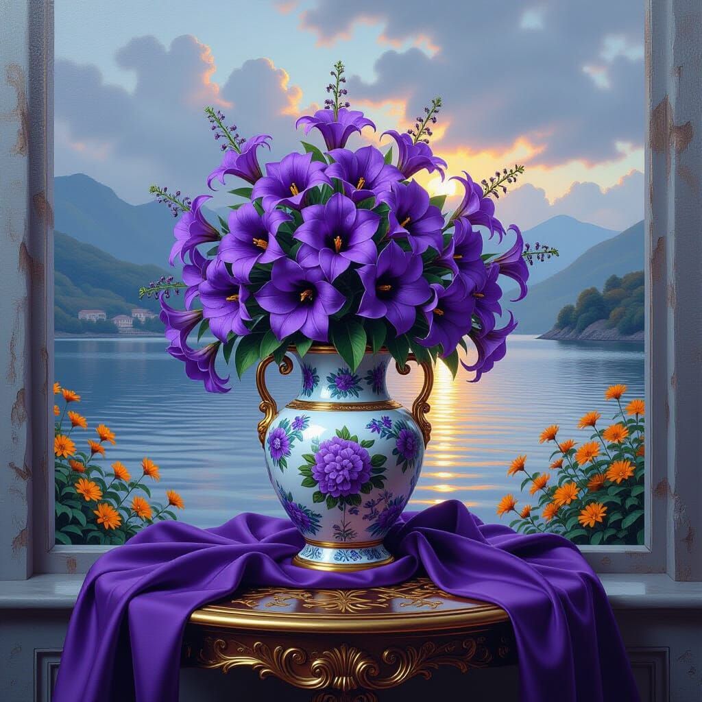 <lora:Star Clouds:1.0> <lora:Colorful Oil Paint:1.0> <lora:Spiritual Intensity:1.0> Psychedelic flower arrangement, chaotic lake, groovy mou...