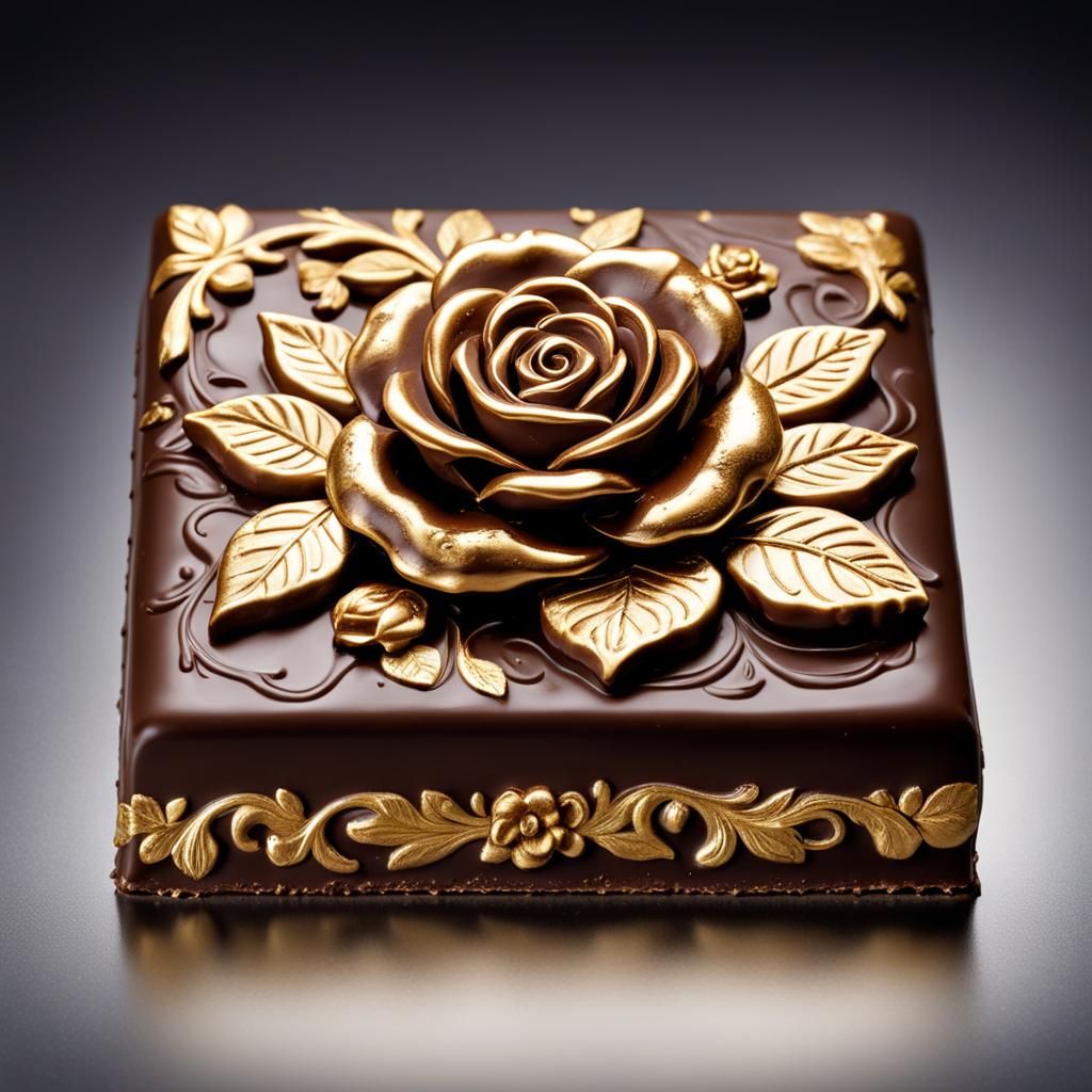 A fancy bar of rich chocolate decorated with an ornate gilded rose design  by @g r r c