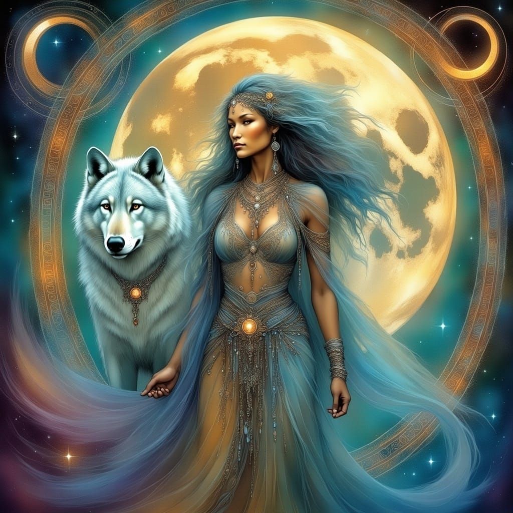 <lora:Archetypal Images:1.0> A woman and a wolf in front of a large ornate detailed moon with halos and runes