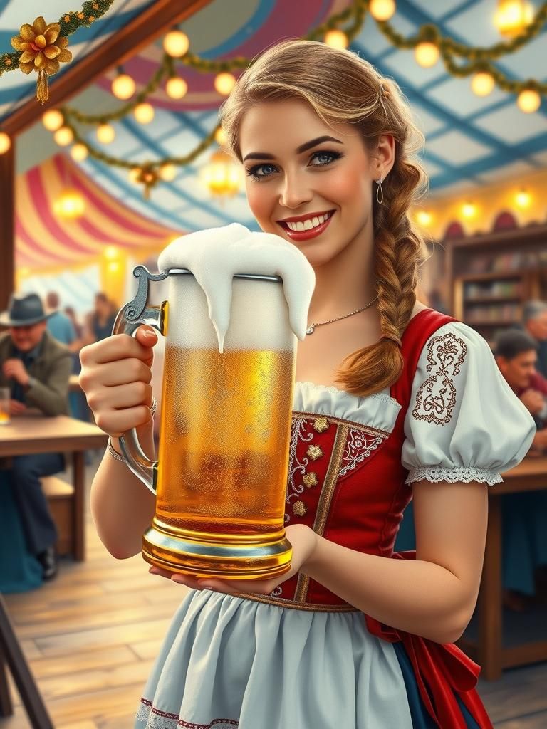 Bavarian Woman with Beer Stein in Festive Scene