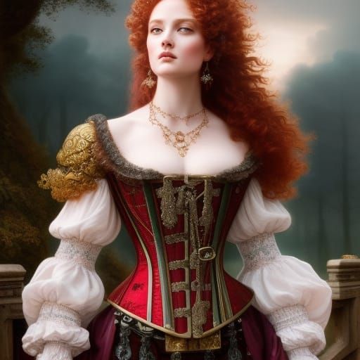 Gorgeous curly red-headed goddess, long hair,  armour, Rococ...