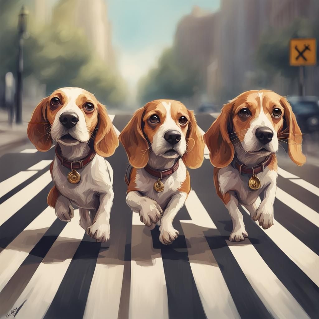 Portrait of four adorable anthropomorphic beagles crossing A...