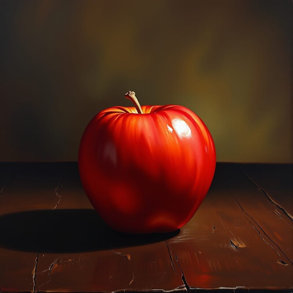 Vibrant Oil Painting of a Glistening Red Apple