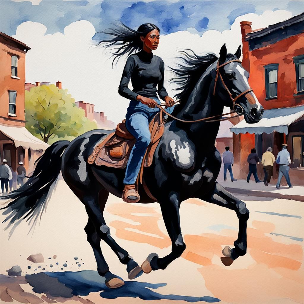 woman riding a black horse in a far-west village