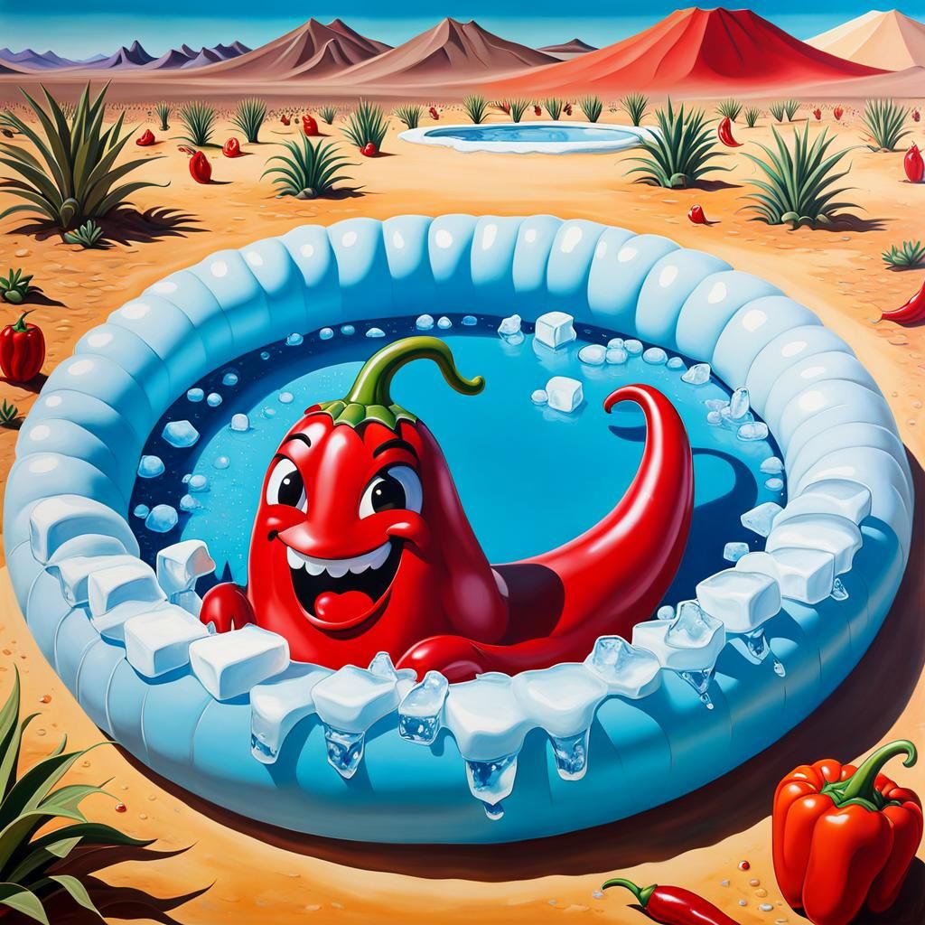 The oversized, cartoonish chili pepper character relaxes in ...