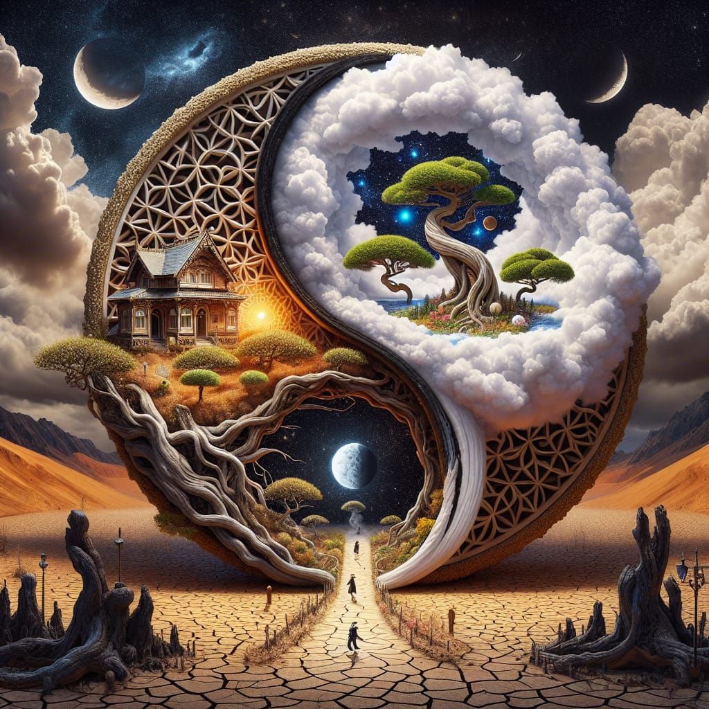 A magnificent surreal scene within a cracked open half-circular yin-yang ancient stargate. The edge of ...  by @AutumnBear