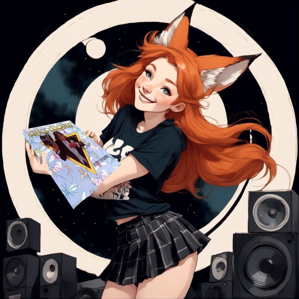 Fox-girl VIXEN in front of a giant speaker holding a Alice C...