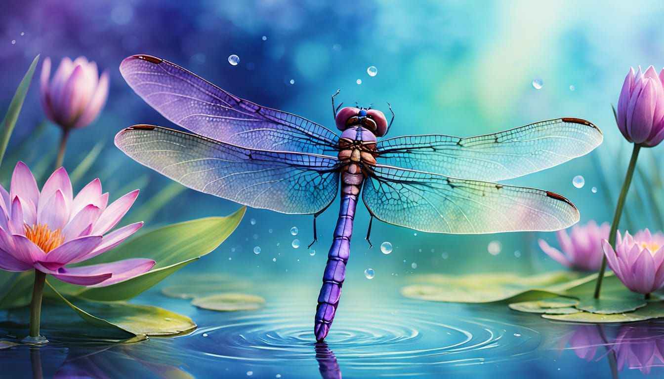 dragonfly landing on a large leaf in a reed filled pond medium distance Rebecca Sugar  by @rod1947