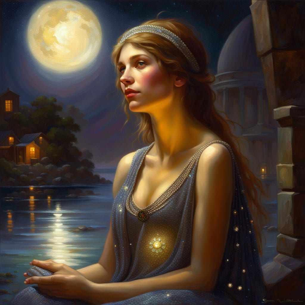 Lady covered in gems, diamond dust illuminated by moonlight,...