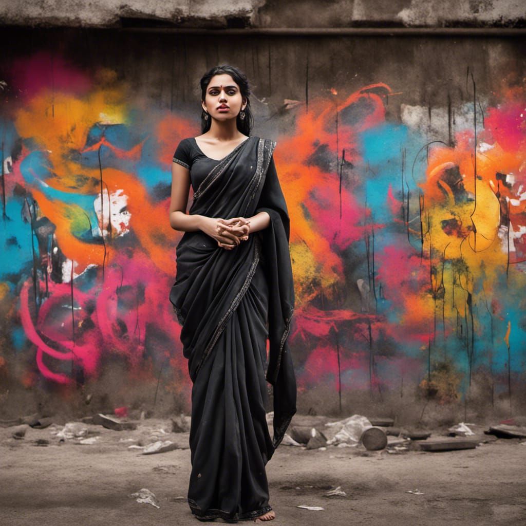 Young Indian woman wearing an elegant black saree. Looking at camera.  Smiling. Happy. Grey background Stock Photo | Adobe Stock