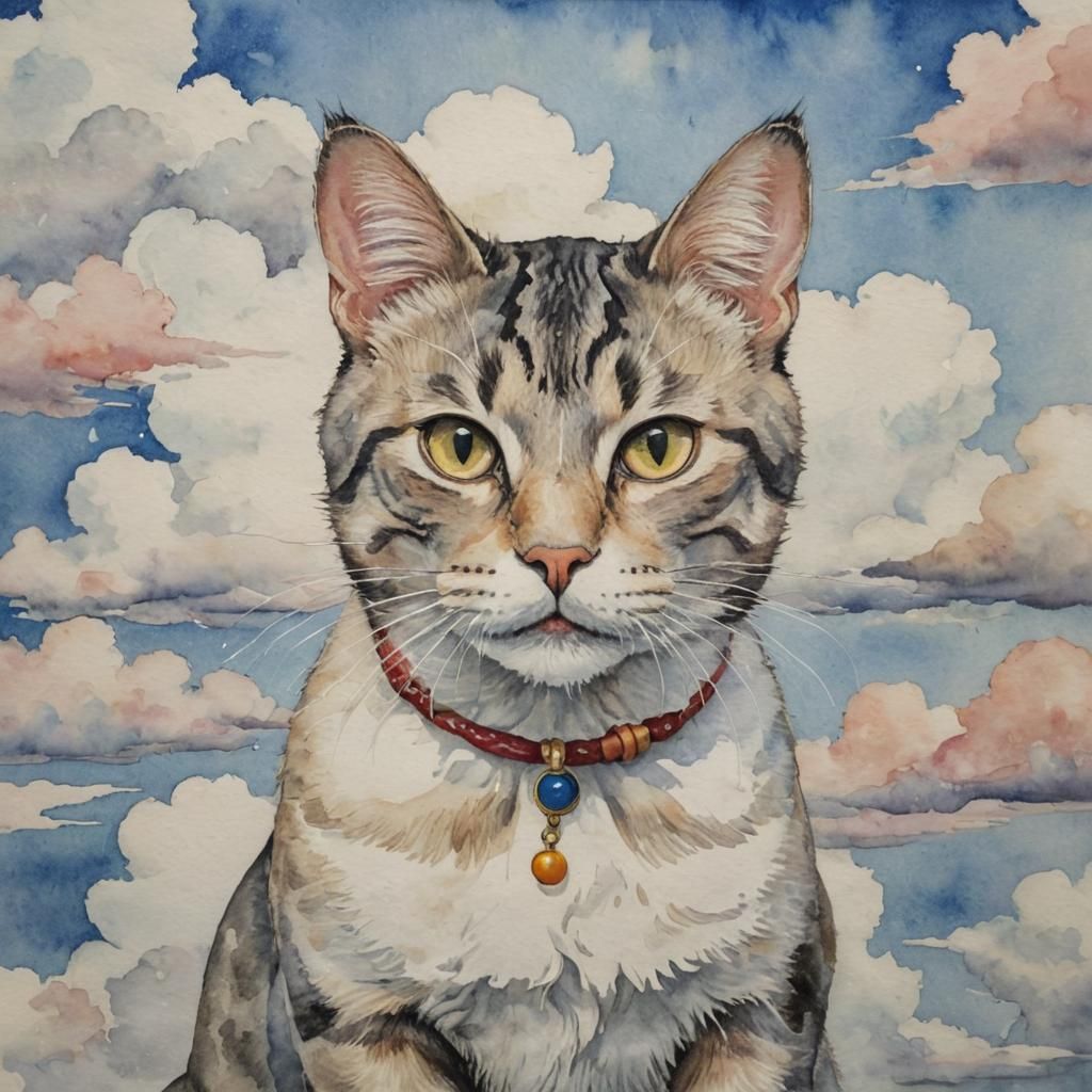 Self-Portrait, watercolor, cat, Frida Kahlo,  Clouds, detail...