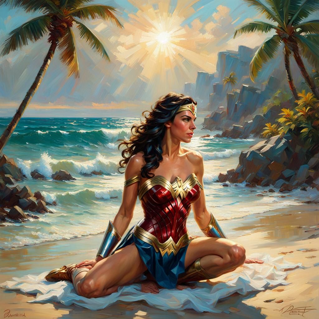 Beautiful “Wonder Woman” sunbathing on a tropical beach. Ris...