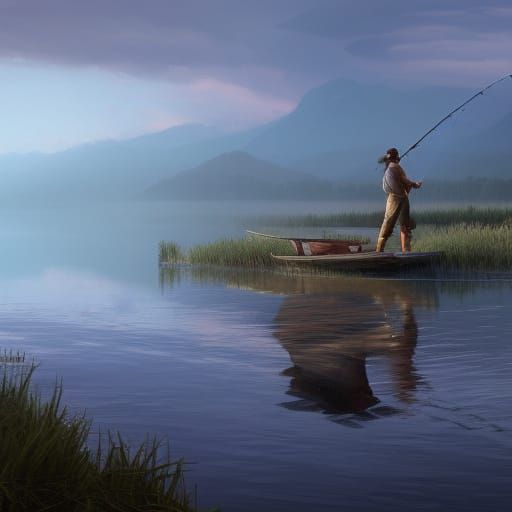 Fishing at the edge of a placid lake in summer at sunrise