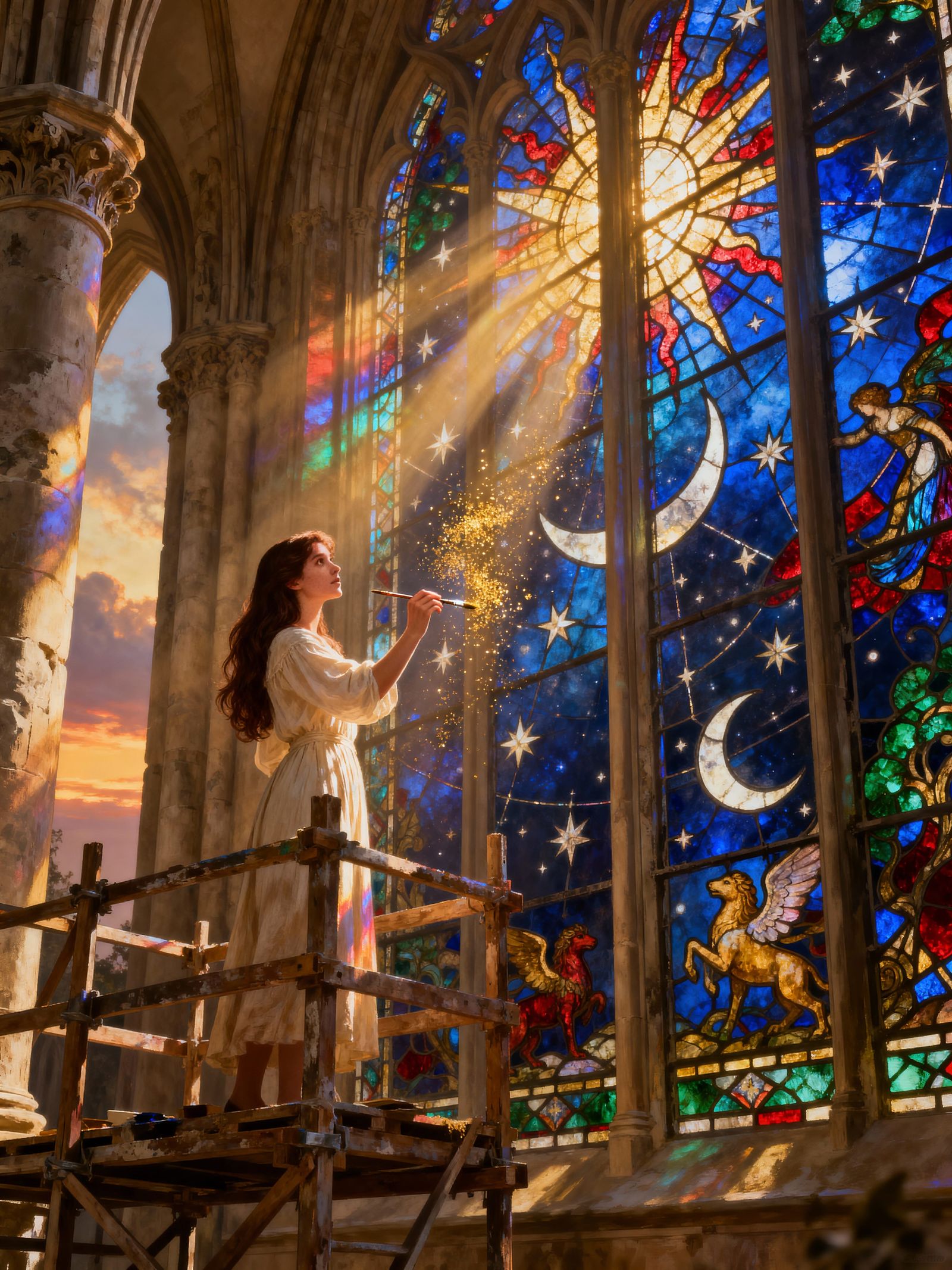 A breathtaking, award-winning masterpiece scene:
Inside a vast, ancient cathedral bathed in golden hour ...  by @SaraM