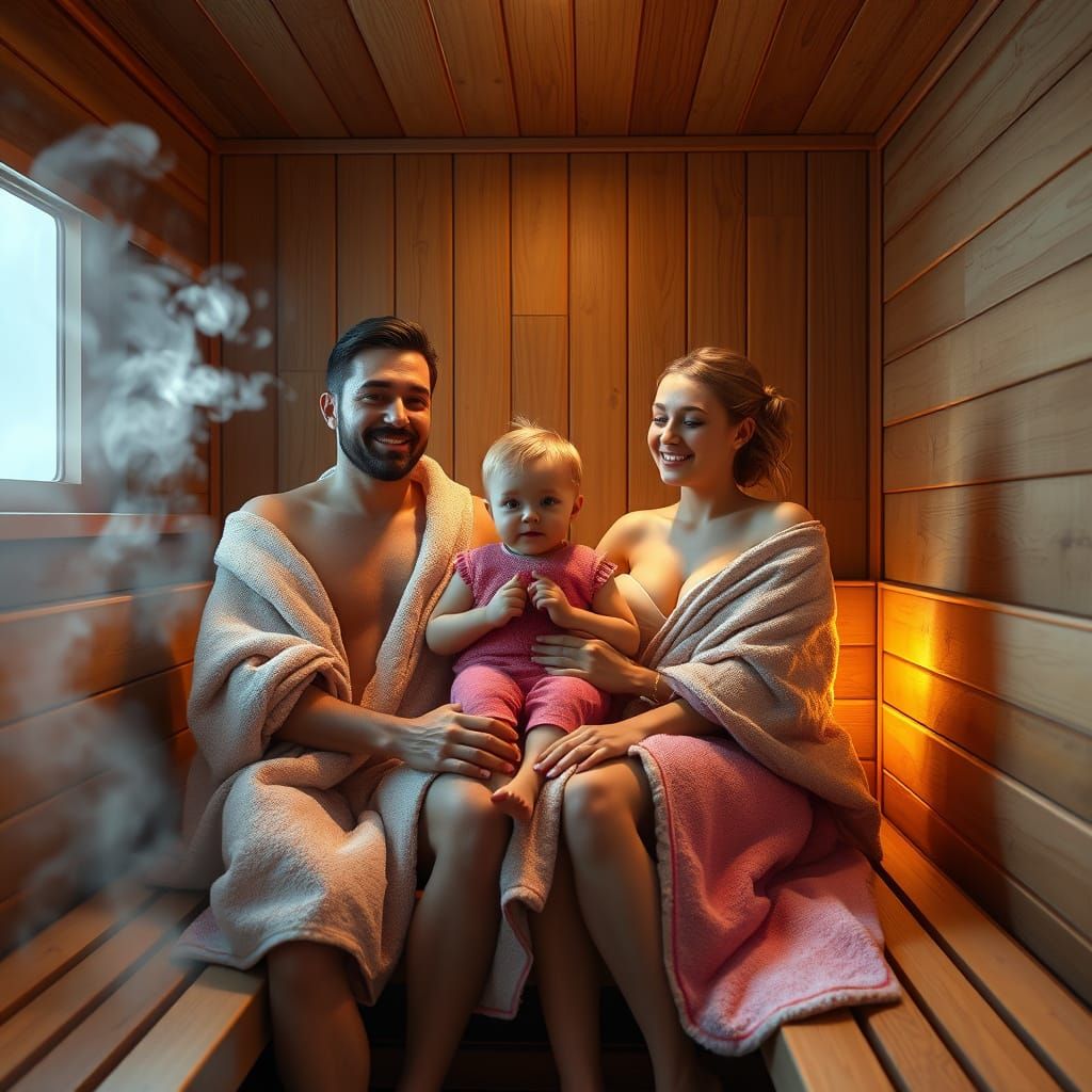 Serene Family Scene in Traditional Finnish Sauna - AI Art