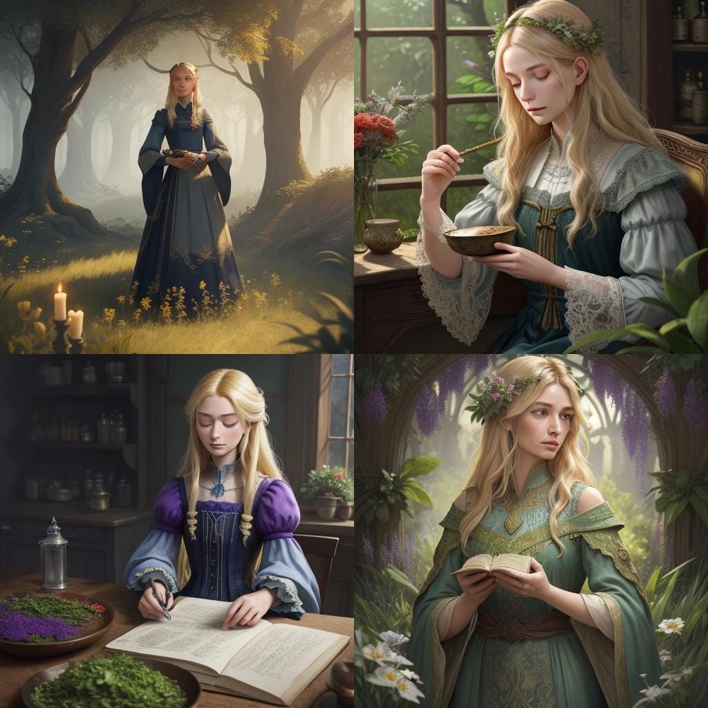 14 year old girl with straight blond hair in a long dress with sleeves