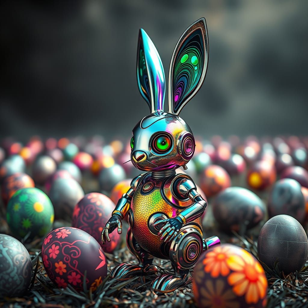 Gothic Punk Robot Bunny in a Surreal Easter Egg Landscape