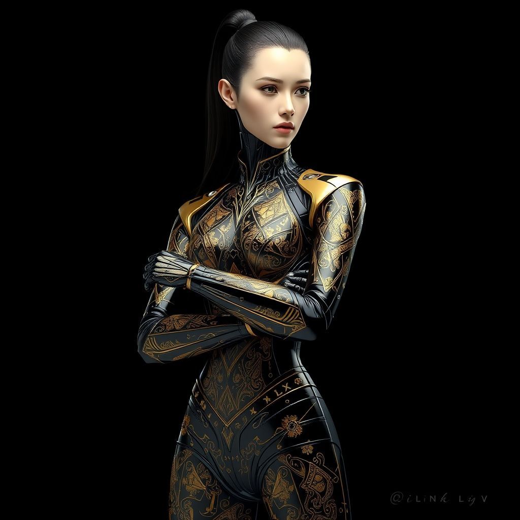 A  close-up portrait of a female robot-like figure