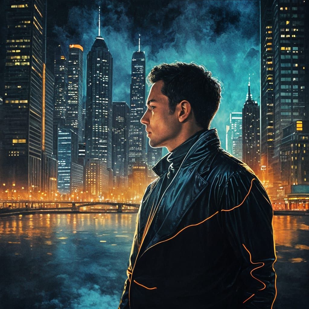 Neon Cityscape Silhouette Portrait in Watercolor Style