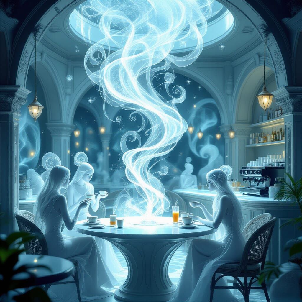 An ethereal café where coffee steam swirls into intricate, magical patterns  by @grl_pwr
